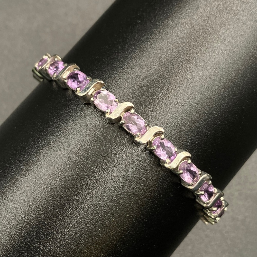 Vintage Tennis Bracelet Purple Amethyst Sterling Silver Signed Han 925 THAI 7"